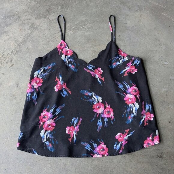 Allison Joy Black Pink Floral Scalloped V-Neck Cami Tank Top size XL - Picture 2 of 7